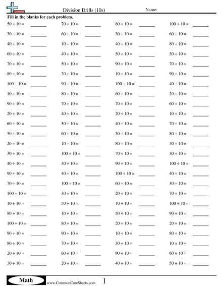 Math Drills Worksheets - Division Drills (10s) worksheet